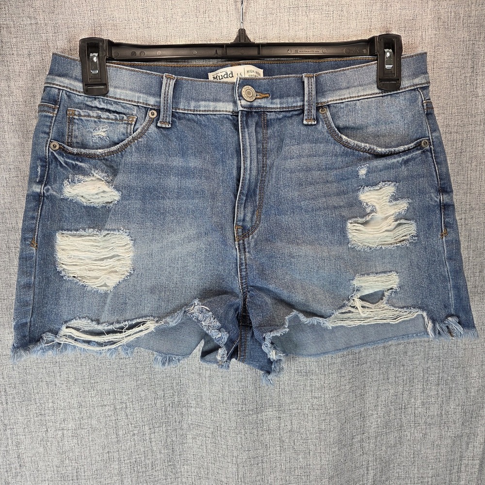 Mudd‎ High Rise Shortie Denim Shorts Size 15 FLX Stretch Distressed Blue